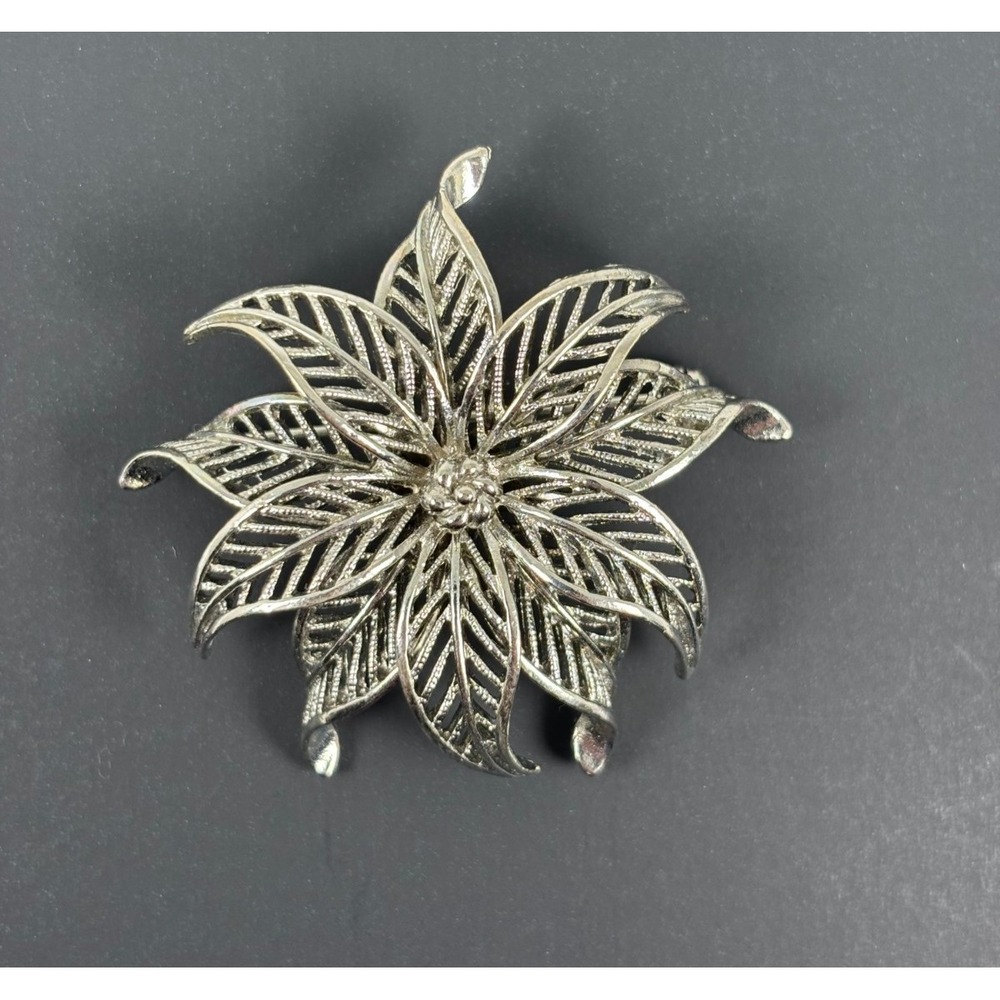 1950's Silver Tone Floral Star Burst Brooch 2" Vintage - Pin, Collectible
